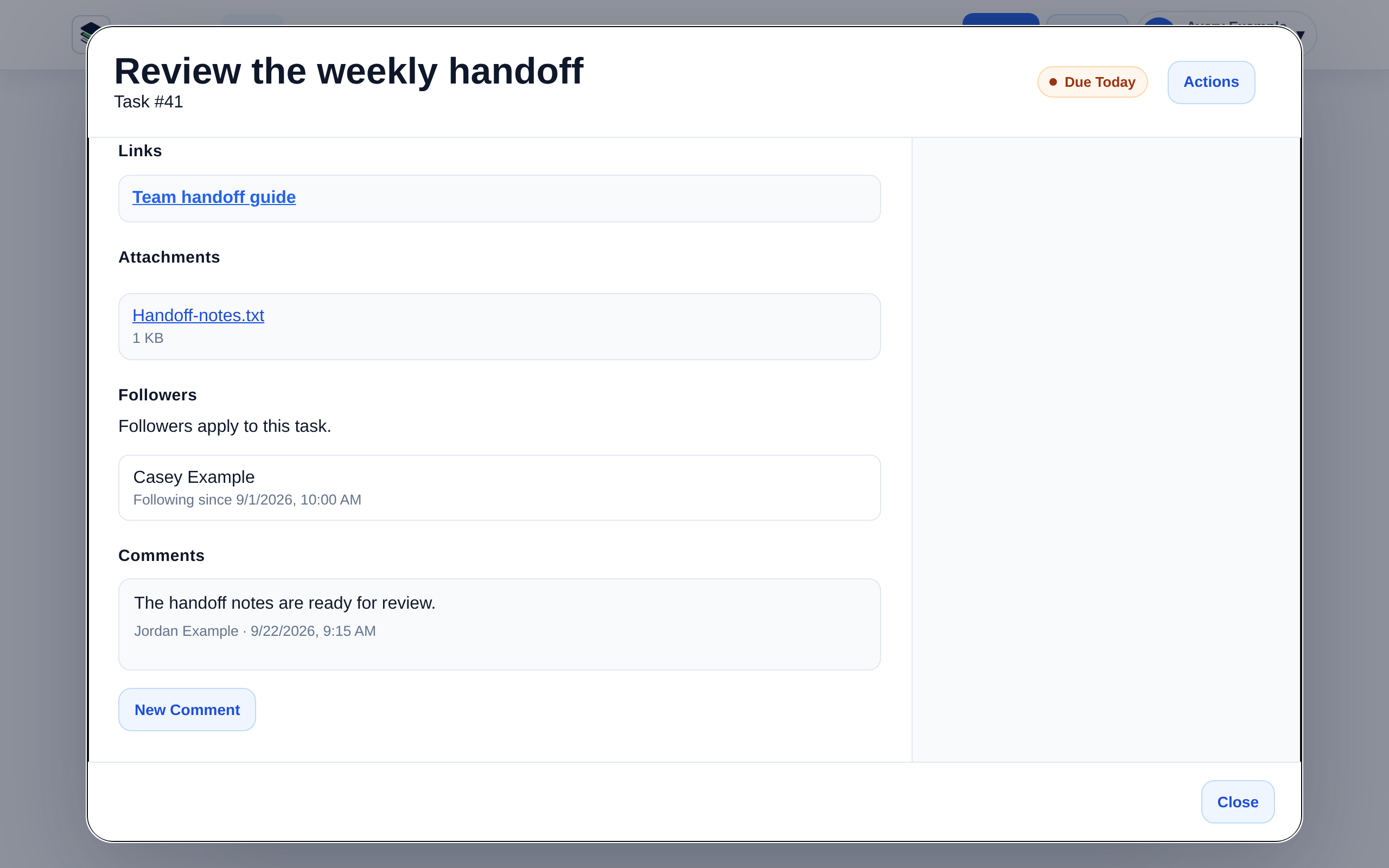 Fictional task context in TaskVue, showing a handoff guide, notes attachment, follower, and team comment.